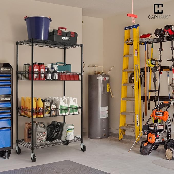 CAPHAUS NSF Commercial Heavy Duty 4 Tier Wire Shelving with Two Trapezoid Baskets, Wheels, Leveling Feet, Black Storage Shelf for Basement Garage and Utility Storage