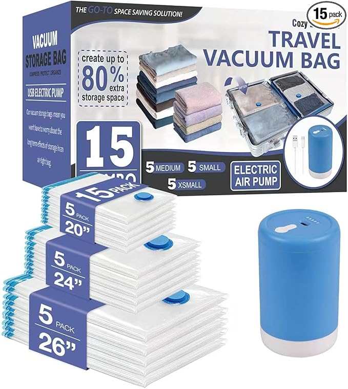 Cozy Essential 15 Pack Travel Vacuum Storage Bags with Rechargeable Wireless Electric Pump for Luggage, Suitcase, Carry-on Size Vacuum Seal Compression Space Saver Bags for Clothes and Clothing Travel