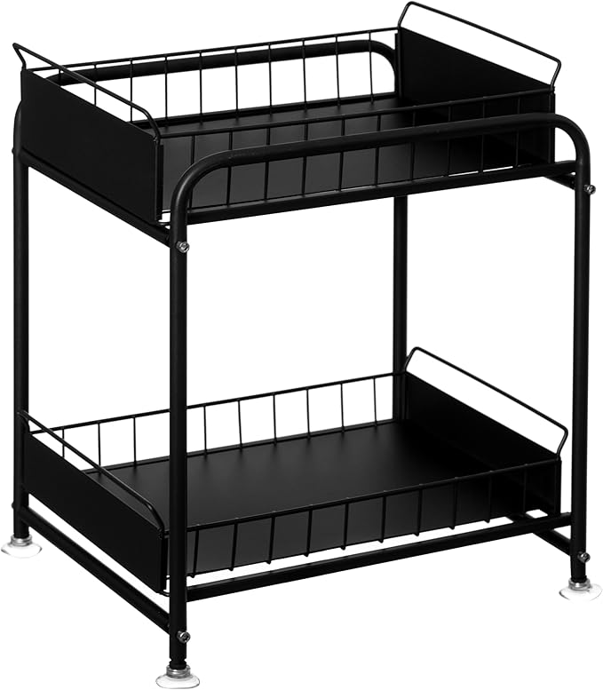 Basicwise Under Sink Organizer Sliding Wire Baskets Adjustable 2-Tier Metal Storage Rack for Bathroom Kitchen or Utility Cabinets Pull-Out Shelf for Toiletries Cleaning Supplies & Pantry Essentials