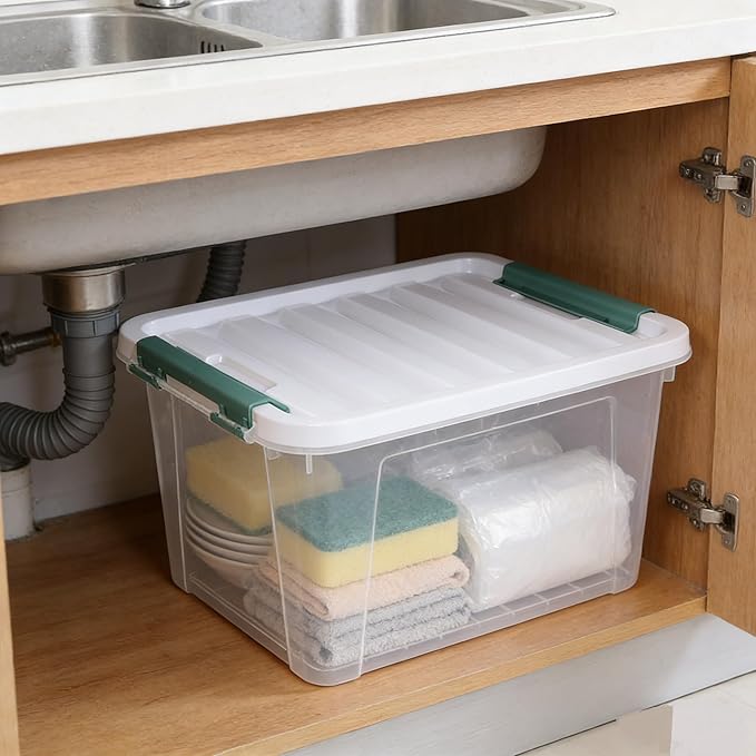 4-Pack Latching Box, Storage Bins with Lids, Clear Plastic, 20 Quart, Heavy-Duty Organizing Containers for Closet, Bathroom, and Office