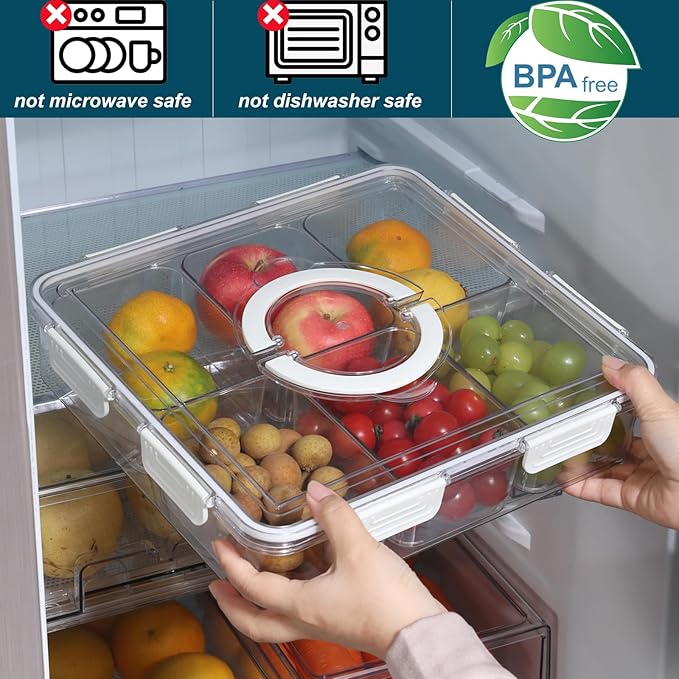 Taiuloo Divided Serving Tray with Airtight Lid and Handle, 6 Compartment Snackle Box Container, Portable Snack Platters, Clear Fridge Organizer & Food Storage for Veggie, Fruit, Charcuterie, Nuts