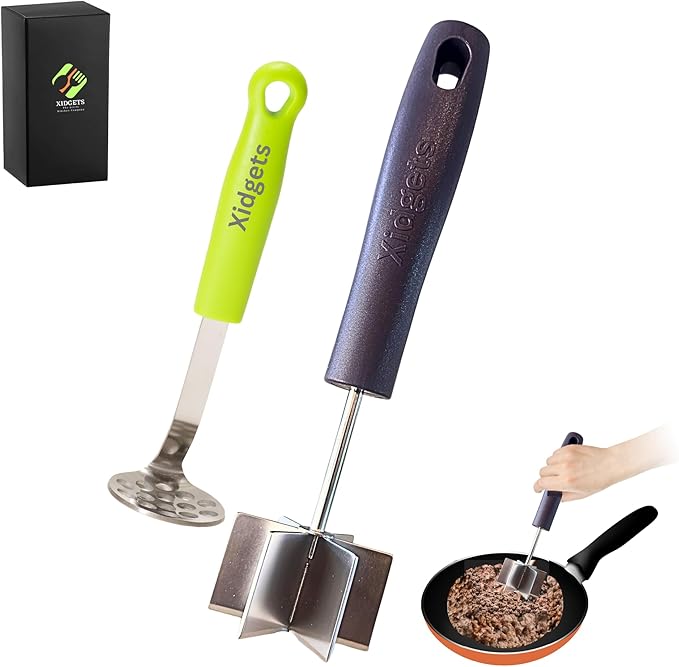 2 pc box set - Large Stainless Steel Meat Chopper & mini Avocado Masher - with Heavy Duty Handle & Mashing Head for Beef, Turkey and More – Dishwasher Safe (Midnight Plum 10"/Zippy Green Mini)