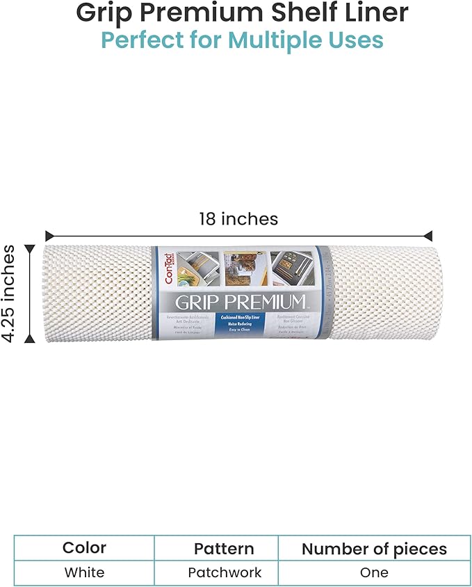 Con-Tact Brand Grip Premium Shelf Liner, Thick and Non-Adhesive Drawer Liner, Multi-Purpose and Easy to Use, 18" x 10', White, Pack of 1