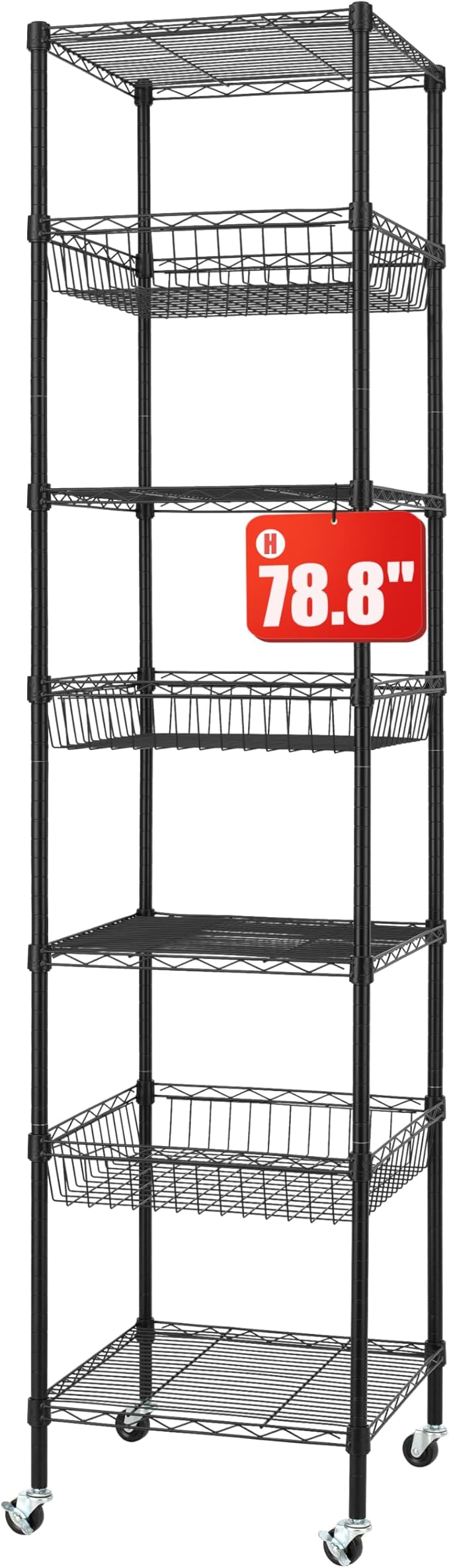 Finnhomy Heavy Duty 7 Tier Wire Shelving Unit with Wheels 18x18x78.8-inches 7 Shelves Metal Storage Rack Thicken Steel Tube, Adjustable Shelving Rack for Kitchen Bathroom Office, NSF Certified, Black