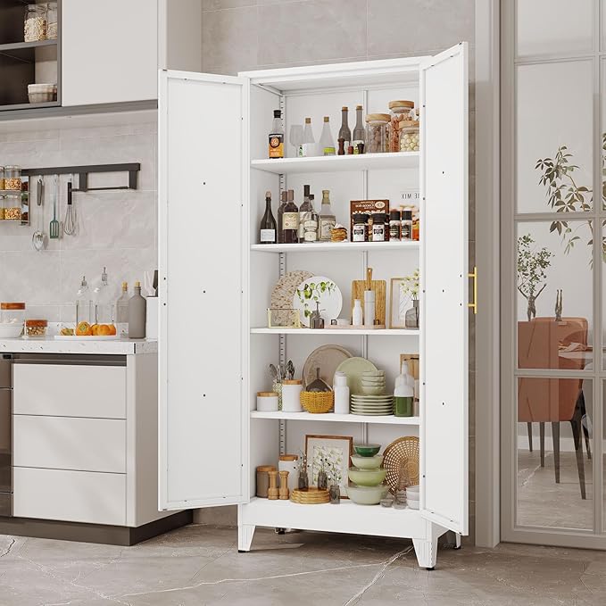 71" Tall Kitchen Pantry Cabinet, Metal Storage Cabinet with 2 Doors and 4 Adjustable Shelves, White Food Pantry Cupboard for Kitchen, Dining Room, Living Room and Bathroom (White)