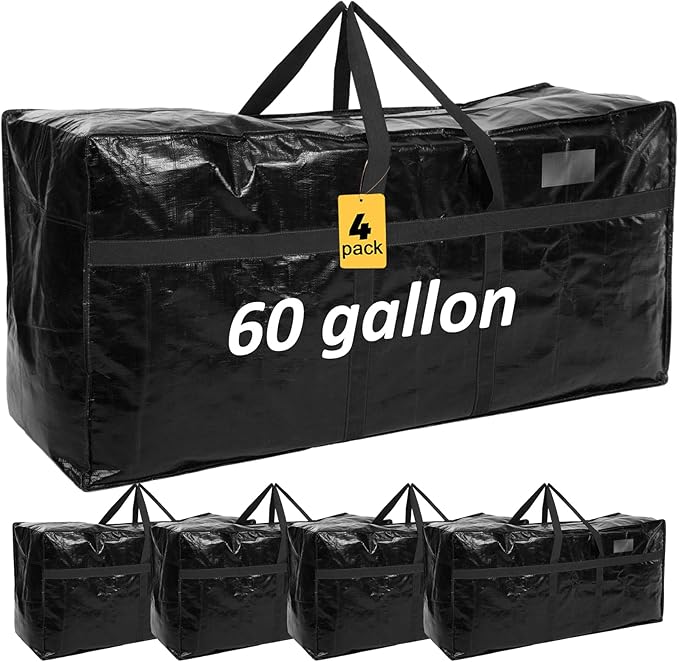4 Pcs 60 Gallon Extra Large Moving Bags Heavy Duty Storage Bag with Strong Zipper Handle Foldable XXL Jumbo Storage Tote Packing Moving Box for College Dorm Travel Cloth Duffle (Black)