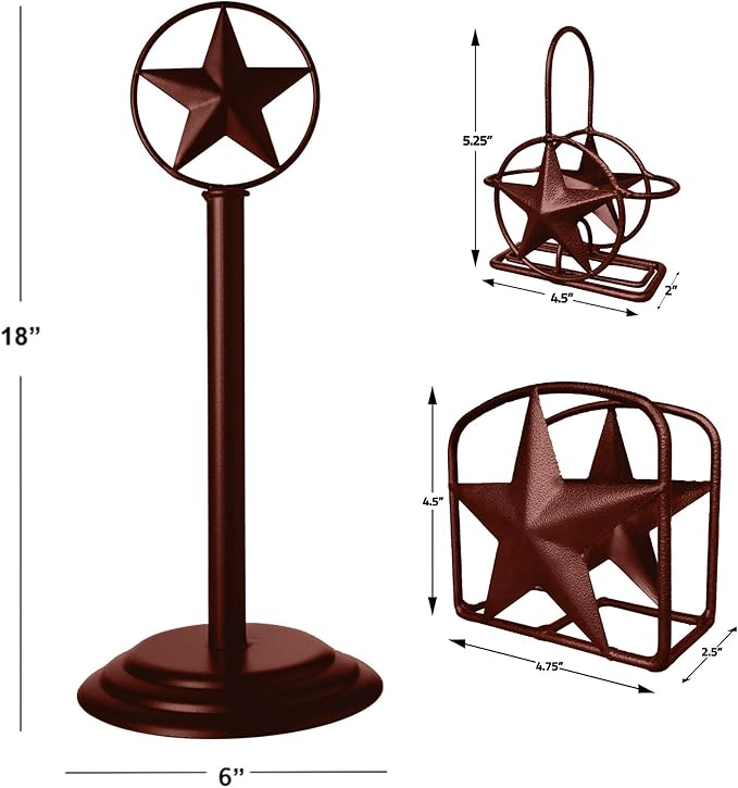 Brown Rustic Texas Star Paper Towel Holder, Napkin Holder, Salt and Pepper Shakers Holder, Country Farmhouse Iron Kitchen Counter Accessory Set Holders (Paper Towel, Napkin, S&P Holder (3 Piece Set))