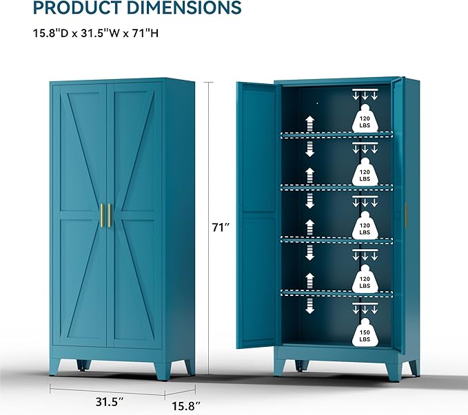 YNIQUESTLE Farmhouse Pantry Cabinet with Barn Doors, 71" H x 31.5" W, 5-Tier Metal Storage Cabinet with 4 Adjustable Shelves for Kitchen Garage Dining Room,Blue