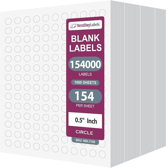 NextDayLabels 0.5 Inch Round Circle Stickers White Blank Labels for Laser Inkjet Printer - 154 Per Sheet Self-Adhesive Color Coding Made in USA - 154,000 Labels