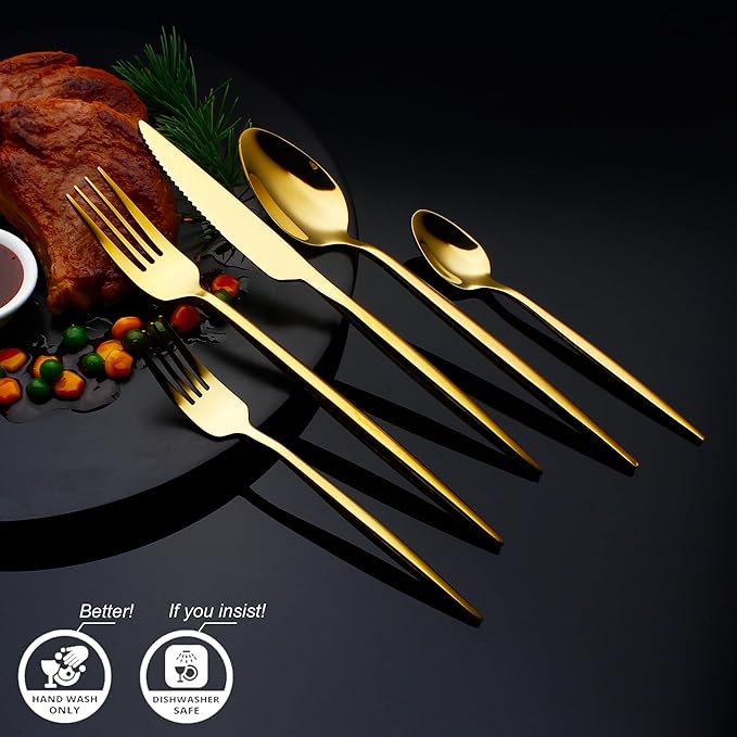 CHAAMFORGE 20 Piece Luxury Silverware Set for 4 Gold Mirror-Polished 18/10 Stainless Steel Heavy Flatware Set Modern Cutlery Set Knife/Fork/Spoon with Gifts for Home & Restaurant