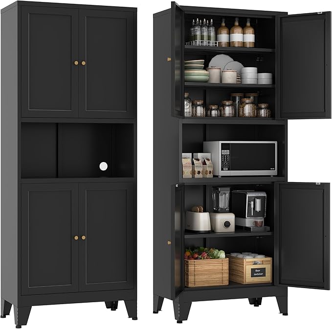 YAUWOH Metal Pantry Storage Cabinet, 69" Tall Storoge Cabinet with 4 Doors & 3 Adjustable Shelves, Microwave Stand with Storage for Kitchen, Dining Room, Living Room (1PC,Black)