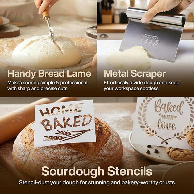 AURAVILLE Sourdough Starter Kit | 9" Round & 10" Oval Banneton Bread Proofing Baskets | Sourdough Bread Baking Supplies with Dough Whisk, Scrapers Bread Lame, Cleaning Brush, Detailed Guide & Recipes