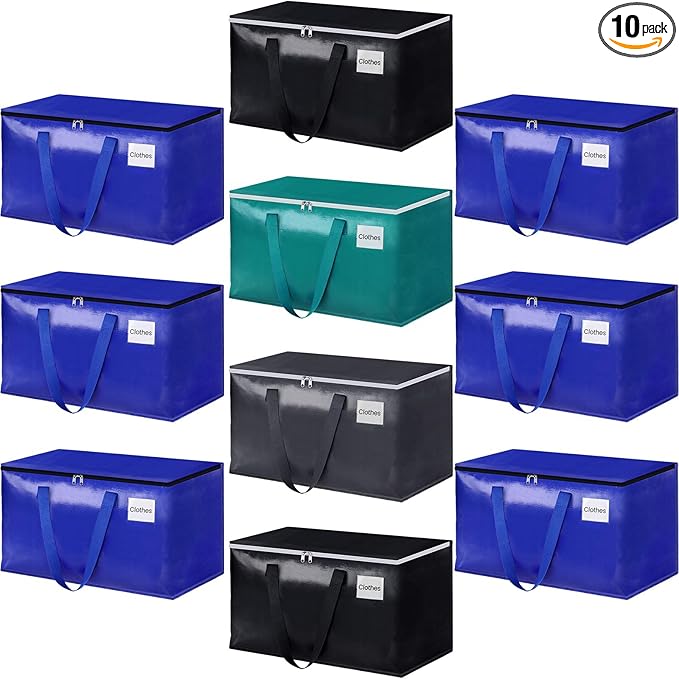 StorageRight Moving Bags-Heavy Duty Moving Boxes, Storage Totes with Zipper, Reinforced Handles and Tag Pocket-Collapsible Moving Supplies for moving, Storage and Travel 93L(Four Colors-10 Pack)