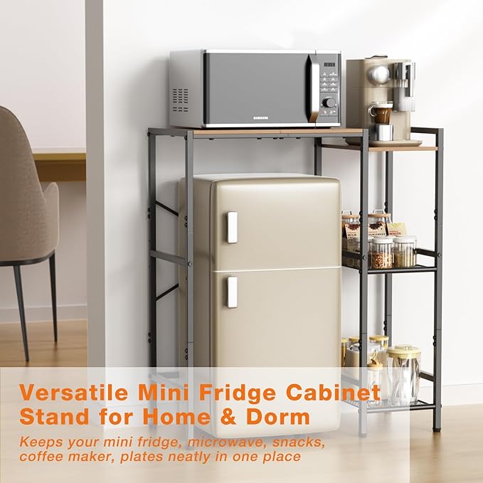 Mini Fridge Stand with Storage Shelves, Upgraded 3-Tier Mini Fridge Cabinet Stand Baker Rack for Microwave Coffee Maker Sturdy Metal Wood Desk Fits Dorm,Kitchen, Apartment, 33.4Wx15.7Dx37.2H, Brown