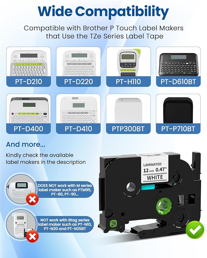 12mm 0.47" White TZE231 Label Maker Tape Replacement for Brother P Touch Label Tape TZe-231 TZ-231, Compatible with Brother Ptouch PT-D210 PT-H110 PT-D220 PT-D400, 5-Pack Pillex