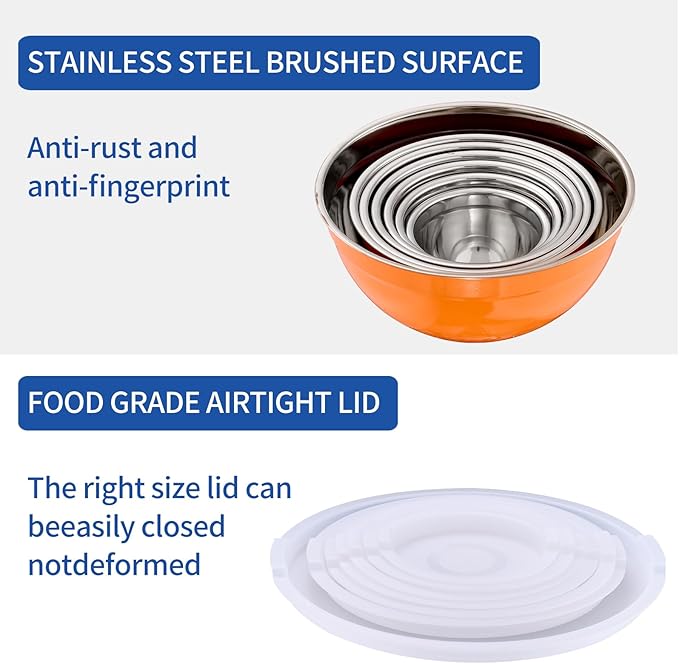 Moxinox Orange Mixing Bowls with Airtight Lids, Stainless Steel Nesting Mixing Bowls Set of 7, Ideal for Baking, Prepping and Serving Food, Size 7, 3.6, 2.7, 2.1, 1.5, 1.1,0.8 QT, Stackable Design