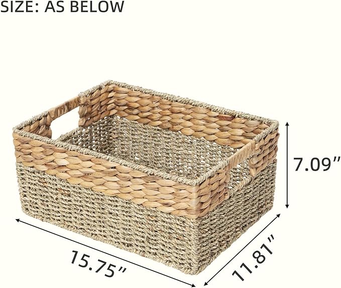 YAHUAN Natural Water Hyacinth & Seagrass Woven Storage Baskets – Wicker Storage Basket Organizer Bins with Handles for Home & Office Pantry Shelf (Large)
