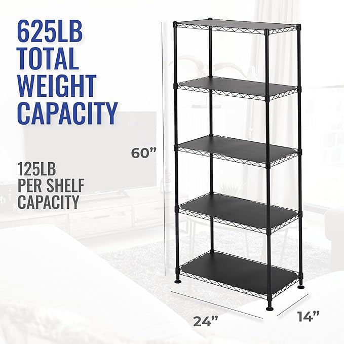 SafeRacks - NSF Certified Storage Shelves, Zinc, Heavy Duty Steel Wire Unit with Adjustable Feet, Garage or Bakers Rack, Kitchen, Pantry Shelf - (24"x14"x60" 5-Tier) (Black)