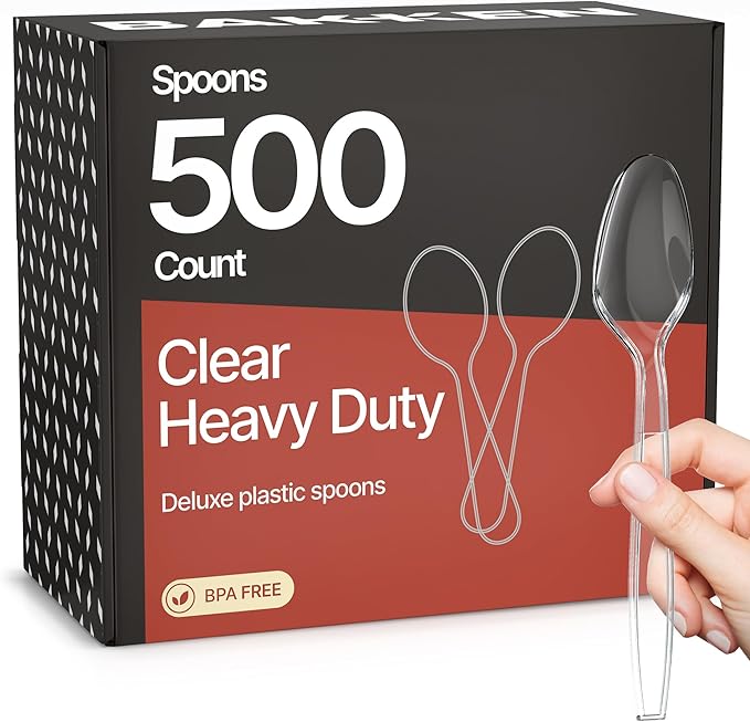 Bakken Disposable Cutlery Set 500 Pieces Spoons, Heavy Duty Plastic Silverware, BPA-Free Food-Grade Materials, Heat-Resistant, Reusable Utensils for Parties, Catering, BBQs, and Everyday Use, Clear