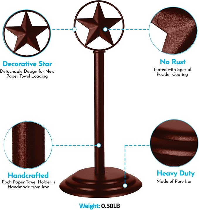 Brown Rustic Texas Star Paper Towel Holder, Napkin Holder, Salt and Pepper Shakers Holder, Country Farmhouse Iron Kitchen Counter Accessory Set Holders (Paper Towel Holder)
