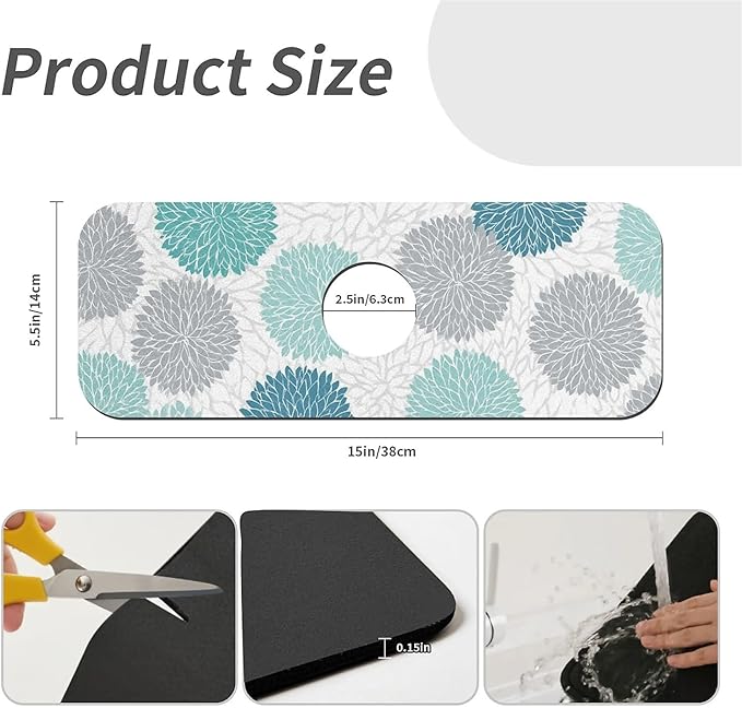 Kitchen Sink Splash Guard，Turquoise and gray flowers Faucet Mat Sink Gadgets-Super Absorbent Fast Drying Mat Drip Catcher for Kitchen, Bathroom,Sink Mat, Dish Drying Mat, Bathroom(15" X 5.5" )