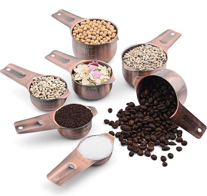 zoyizi Copper Measuring Cups and Spoons Set 17, 7 Stainless Steel Measuring Cups&9 Long Hanlde Narrow Measuring Spoons for Spice Jar&Leveler, Kitchen Metric&US Measure Cup Spoons for Dry and Liquid