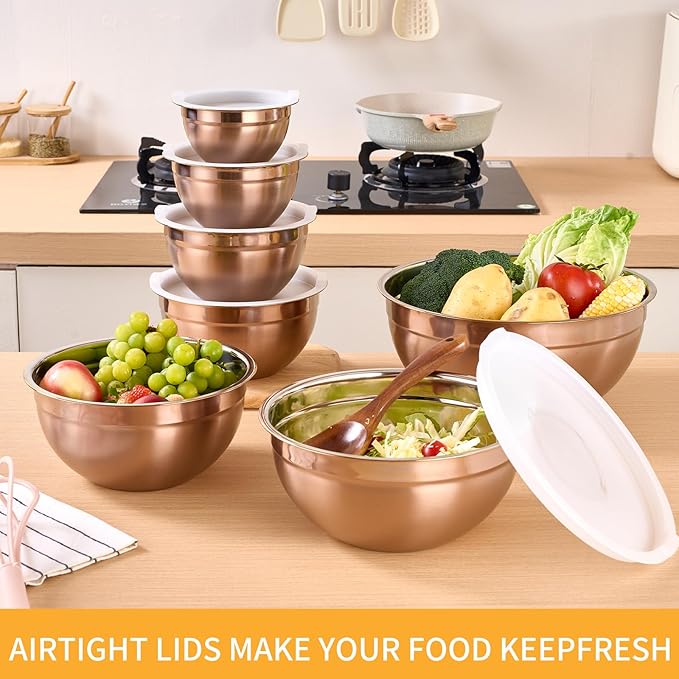 Onlycooker Rose Gold Mixing Bowls With Airtight Lids,Stainless Steel Bowl,Salad Bowls 7 Piece Colorful Nesting Bowl Rose Gold Kitchen Accessories,Size 7,3.6,2.7,2.1,1.5,1.1,0.8QT Stackable Design