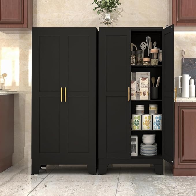 61.02”H Metal Pantry Storage Cabinet, Kitchen Storage Cabinets with Adjustable Feet and Shelves, Pantry Cabinet for Kitchen, Living Room, Laundry Room and Dinning Room