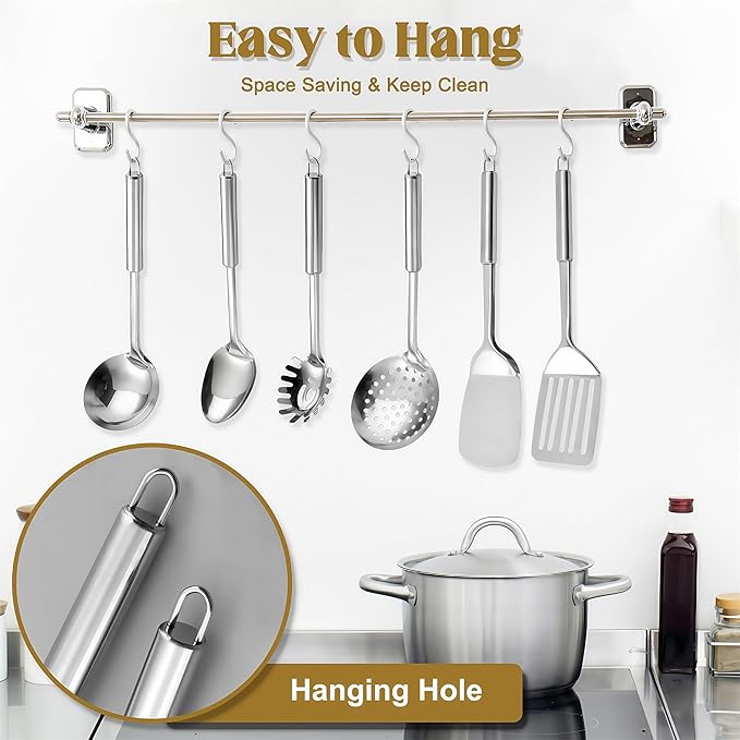 Stainless Steel Cooking Utensils Set, 25pcs Kitchen Utensils Set with Holder, Heat Resistant Kitchen Utensils Sets for Cooking with Turners, Potato Masher, Skimmer, Spoons, Tongs, Whisk