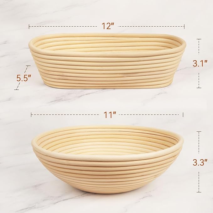 Lorzon Banneton Bread Proofing Baskets Set of 2, 11" Round & 12" Oval Sourdough Proofing Baskets with Sourdough Bread Baking Supplies, Bread Making Kit