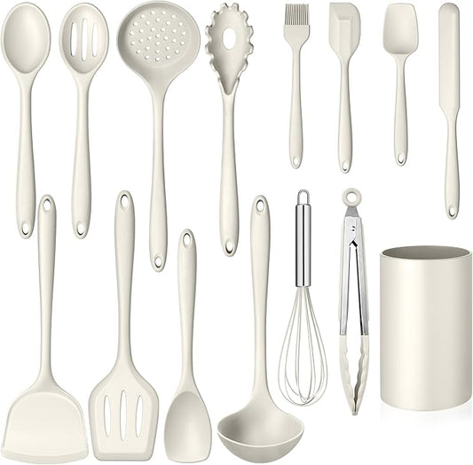 Homikit Kitchen Utensils Set, 15pcs Silicone Cooking Utensil Heat Resistant Spatula Set with Holder for Nonstick Cookware, Useful Kitchen Gadgets & Pots and Pans Accessories, White
