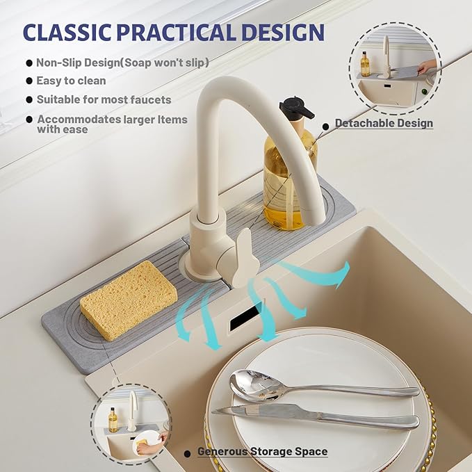 Stone Faucet Mat for Kitchen Sink，Super Absorbent Diatomite Fast Drying Stone and Bathroom Stone Tray for Counter Quick Drying Splash Guard,Prevents Moisture Buildup Sink(Grey,15.8" x 3.9")
