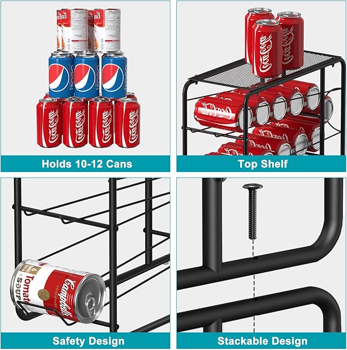 MOOACE 4 Pack Can Organizer for Pantry, Stackable Soda Can Dispenser Rack, Pantry Organizer Canned Food Storage Holder for Kitchen Refrigerator Cabinet, Black