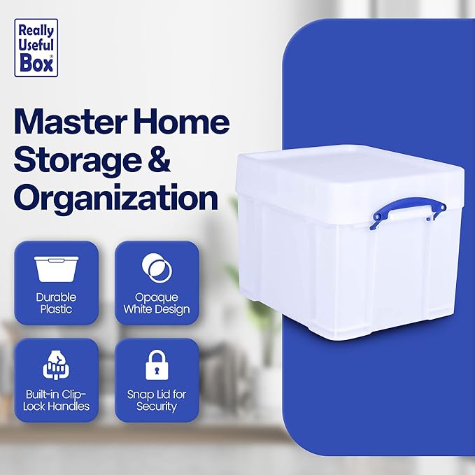 Really Useful Box 35 Liter Extra Strong Plastic Storage Box with XL Snap Lid and Clip Lock Handle for Lidded Home and Item Storage Bin, 2 Pack, White