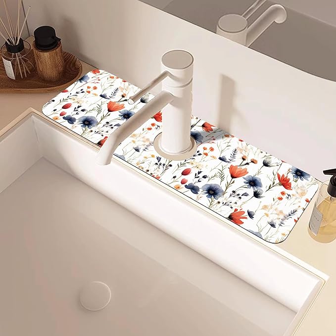 Watercolor Red and Blue Flowers Sink Faucet Absorbing Mat Sink Splash Guard Faucet Mat Draining Mat Fast Drying Sink Protectors for Kitchen and Bathroom 5.5"×15"