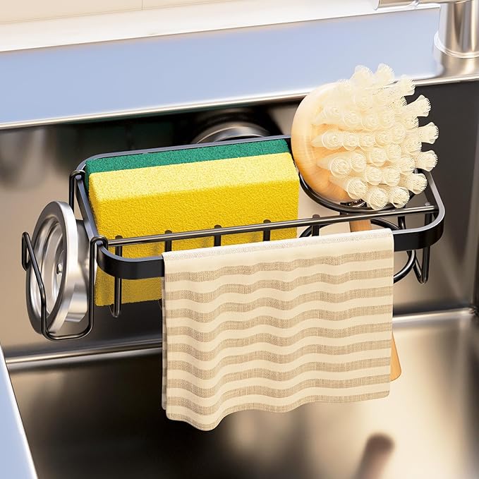 TAILI 4-in-1 Sponge Holder for Kitchen Sink with Strong Suction Cup Removable, Rustproof Aluminum Sink Caddy for Sponge, Brush, Scrubber, Scraper -Black