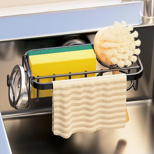 TAILI 4-in-1 Sponge Holder for Kitchen Sink with Strong Suction Cup Removable, Rustproof Aluminum Sink Caddy for Sponge, Brush, Scrubber, Scraper -Black
