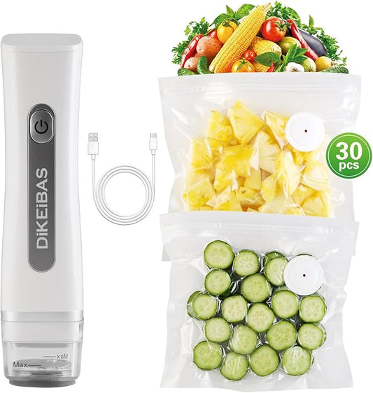 Handheld Vacuum Sealer & Food Saver with 30 Reusable Bags – Keeps Food Fresh 6X Longer | One-Touch Seal & USB Rechargeable | Leak-Proof for Meat, Meal Prep & Travel | Compact Food Preservation System