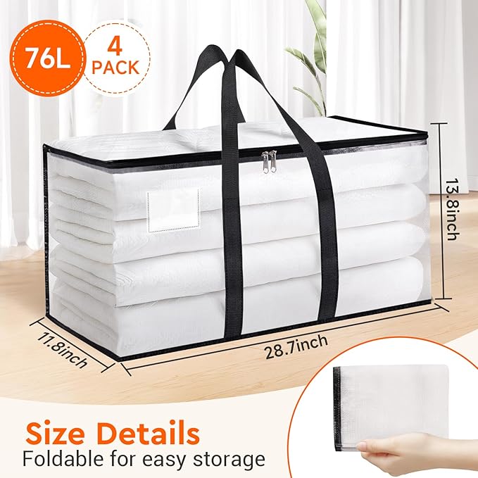 BlissTotes Moving Bags, 4-Pack Storage Bags, Moving Bags Heavy Duty Extra Large, Moving Totes, Clear Moving Bags, Reinforced Handles & Tag Pocket, Christmas Totes (76L)