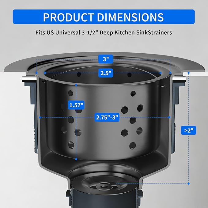 POPFLY SUS 304 Stainless Steel Deep Sink Strainer Basket – Fits Standard 3-1/2" Kitchen Drains, 2.5" Replacement Option – Removable Drain Basket with Handle for Easy Food Debris Cleaning, Black