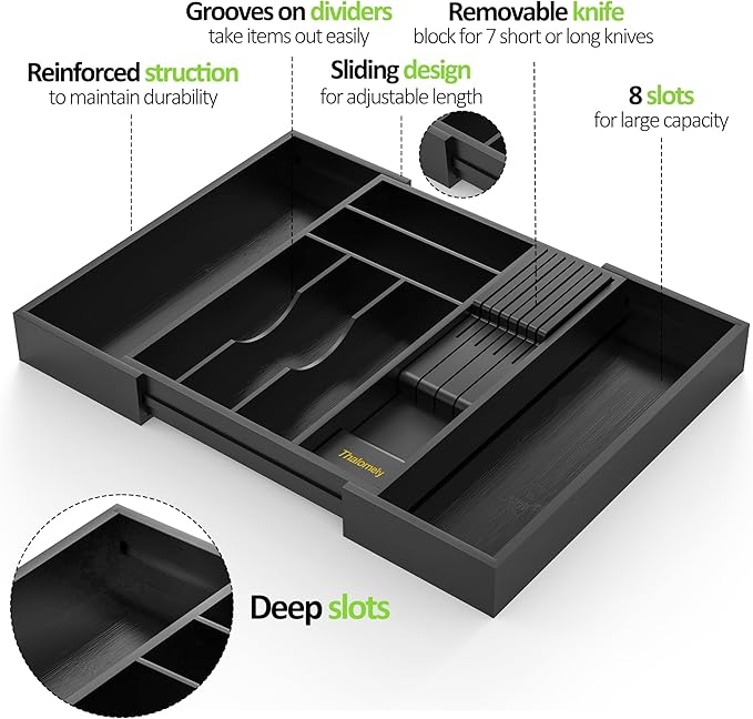 Thalomely Bamboo Kitchen Drawer Organizer, Expandable Silverware Organizer with Removable Knife Block, 6-8 Slots- Utensil Holder & Cutlery Tray Drawer Dividers, 2.36" Deep for Extra Capacity, Black