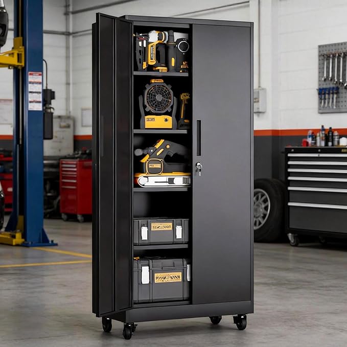BIZOEIRON Garage Metal Storage Cabinet with Lock, 71'' Tall Storage Cabinet with Adjustable Shelves and Doors, Rolling Tool Cabinet on Wheels for Garage, Utility Room
