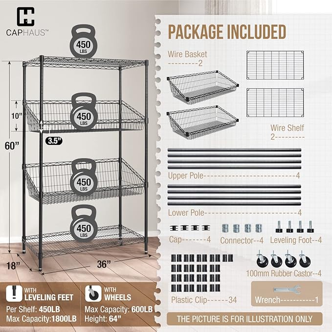 CAPHAUS NSF Commercial Heavy Duty 4 Tier Wire Shelving with Two Trapezoid Baskets, Wheels, Leveling Feet, Black Storage Shelf for Basement Garage and Utility Storage