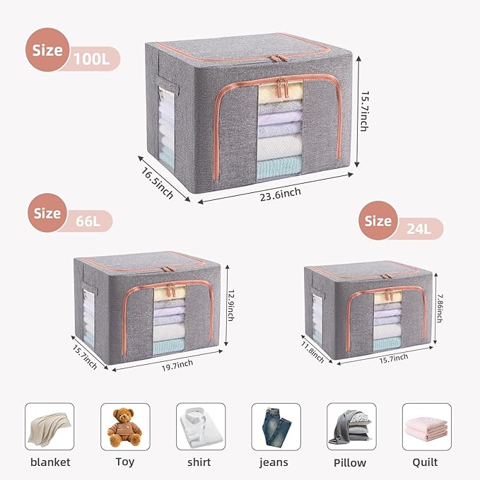 GuliPostan 100L Stackable Clothes Storage Bins with Metal Frame Handles & Zipper, Collapsible Closet Organizer Box with Lid for Bedding Blankets Towel (Grey,1 pack)