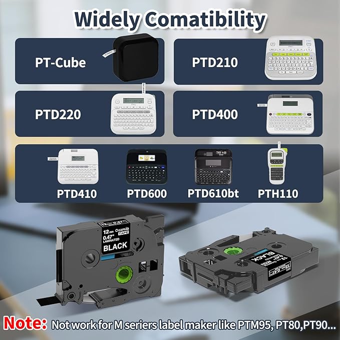 Oozmas TZe-335 Black Label Tape Replacement for Brother Label Maker Tape White on Black P-Touch TZe Tz 12mm 0.47 Laminated Work for PT-D210 PT-H110 PT-D200 PT-1750 PT-1290 Ptouch Refills, 4-Pack