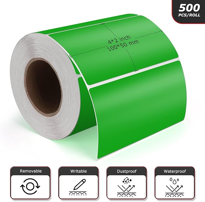 Green Rectangle Stickers 4 x 2 Inch Color Coding Labels Vinyl Roll Self-Adhesive Waterproof Removable 500 PCS