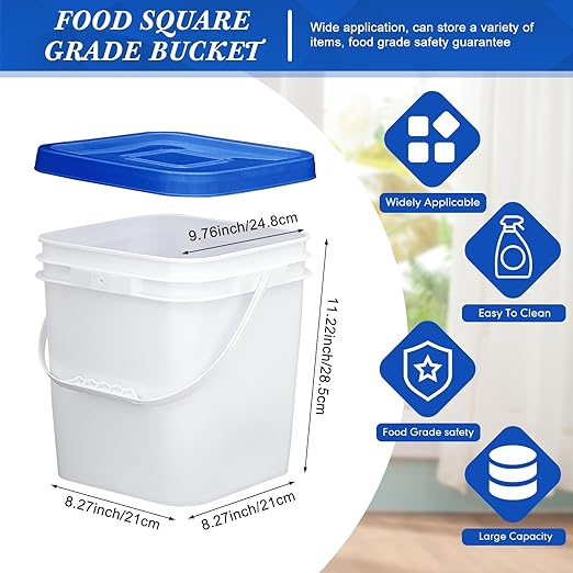 Mumufy 5 Pcs 3.5 Gallon Square Food Grade Bucket with Lid Square Bucket Pail with Plastic Handles for Storing Dry Food, Charcoal, Camping, Fishing (Blue Lid)