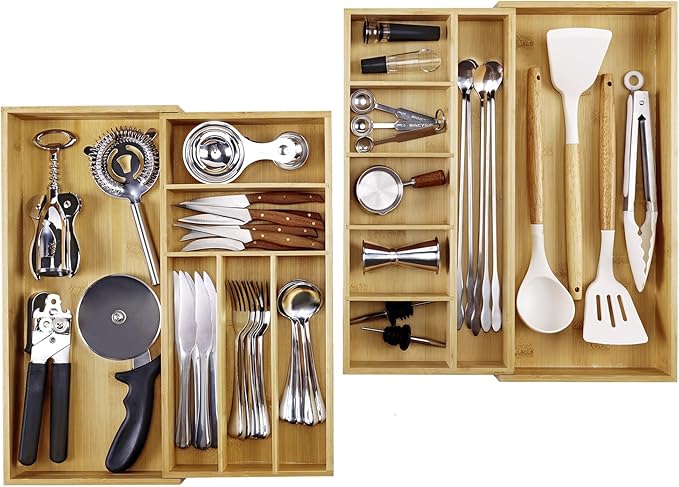 MH MYLUNE HOME Large Bamboo Expandable Drawer Organizer, Silverware Organizer for Drawers, 16 to 30 Inches Wide, 7-13 Slots, Kitchen Drawer Organizers for Utensils, Bamboo Wood Cutlery Organizers