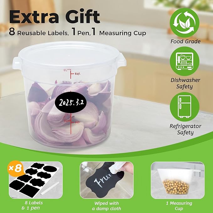 BIEAMA 4 Pack Round Food Storage Containers with Lids, 6Qt Translucent Commercial Food Container, Polypropylene, BPA Free, Includes Labels & Measuring Cups