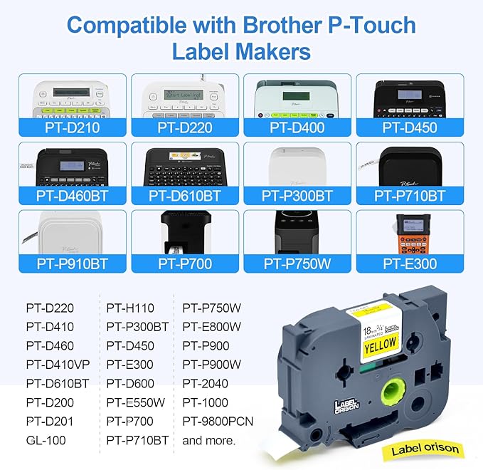 Label Orison Compatible with Brother P Touch Label Tape TZ641 TZE641 TZo641 18mm TZe Tape for Brother Label Maker Refills PT-D210 PT-H110 PT-D220 PT-D400, 3/4 Inch x 26.2ft, Black on Yellow, 5Pack